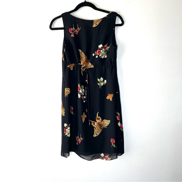 Mica Vintage 90s Moth & Floral Black Midi Dress Lined Waist Tie Gold Red S/M 4 - Picture 2 of 6